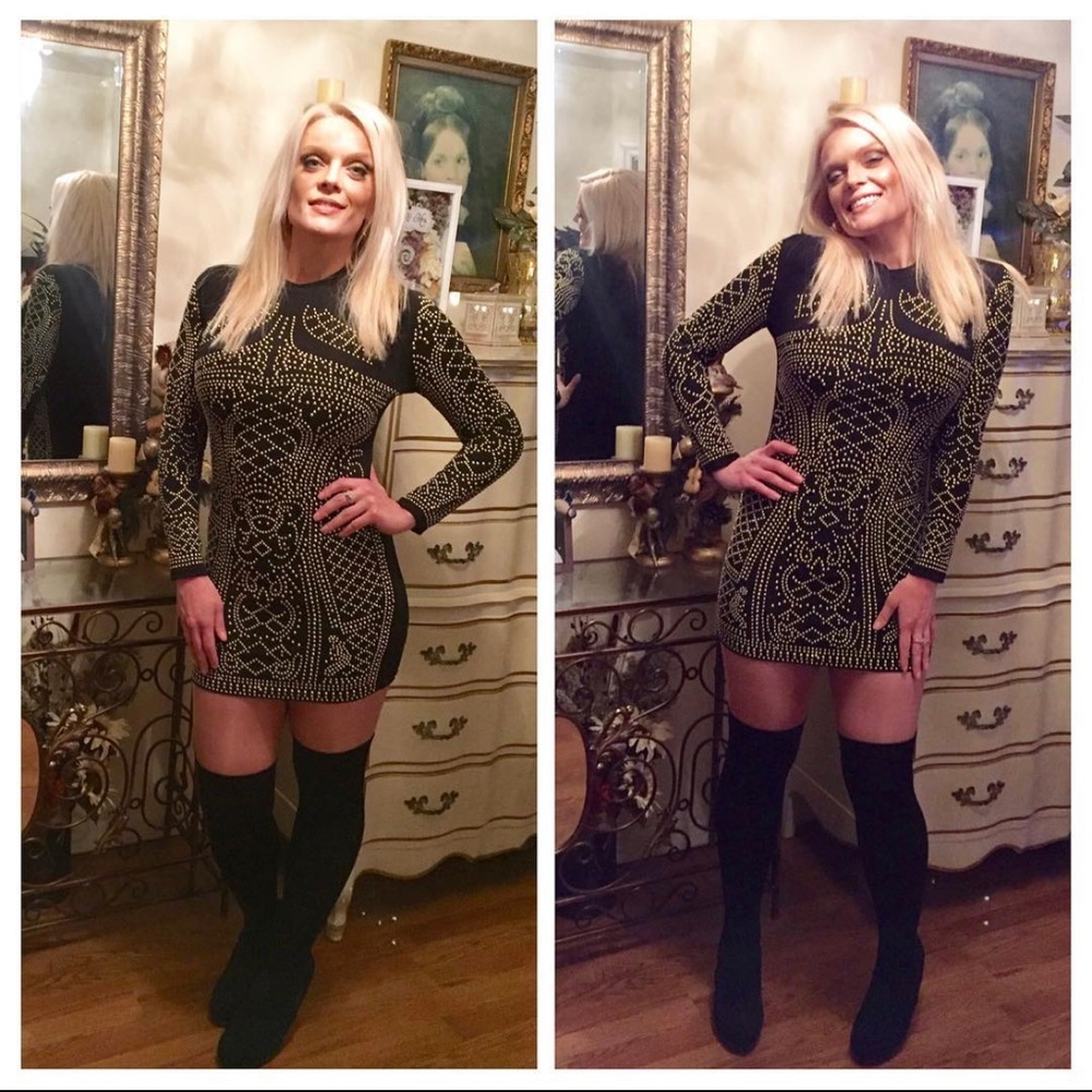 Designer inspired mini studded long sleeve dress
